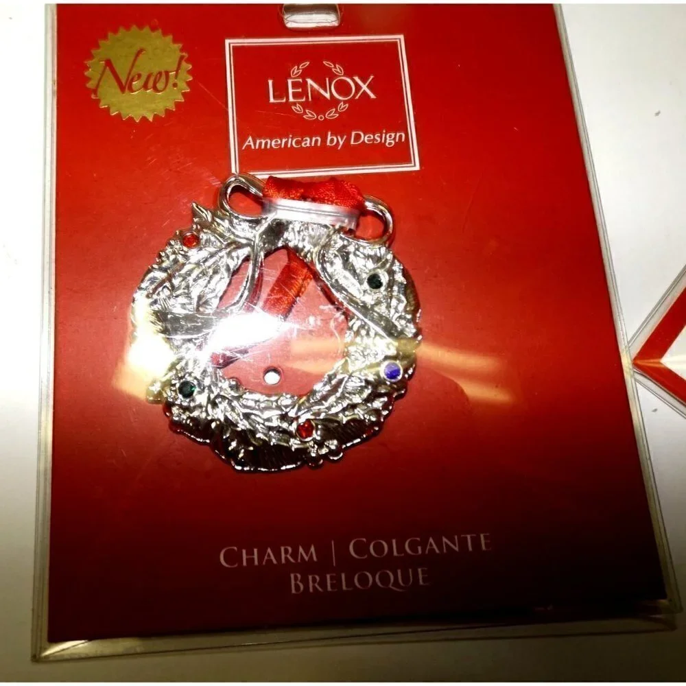 Lenox Jeweled ornament charm silver with red ribbon and colored stones